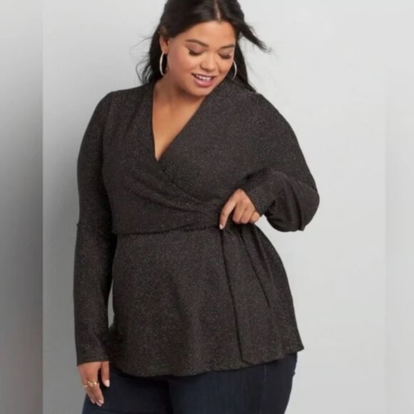 Lane Bryant | Metallic Sparkle Faux Wrap Tie Blouse | Multicolored | 14/16 (1X) - Picture 1 of 7